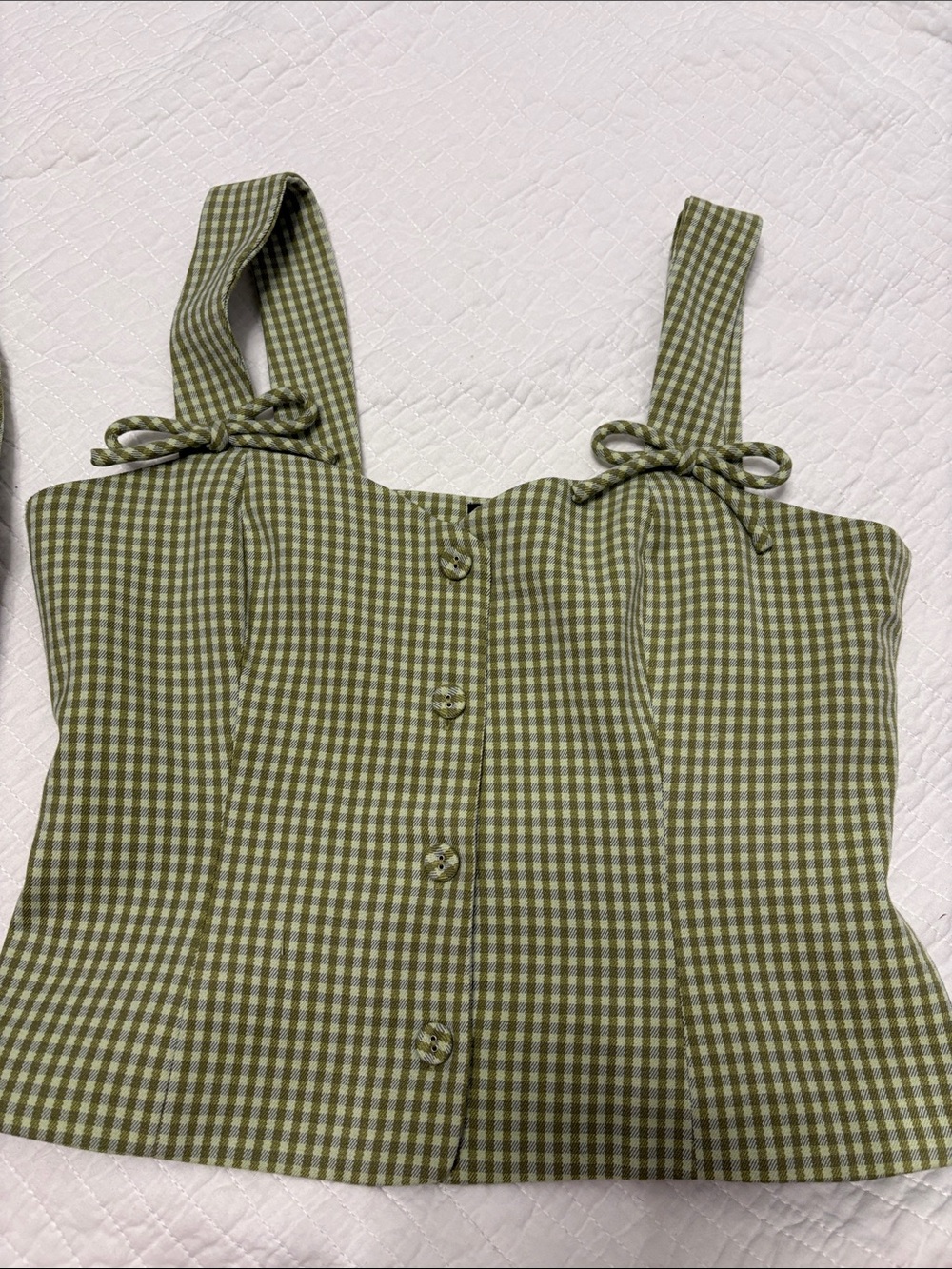 2 Piece Set-7 For All Mankind Olive Gingham Tie-Detail Crop Top & Mini Skirt - Picture 10 of 14